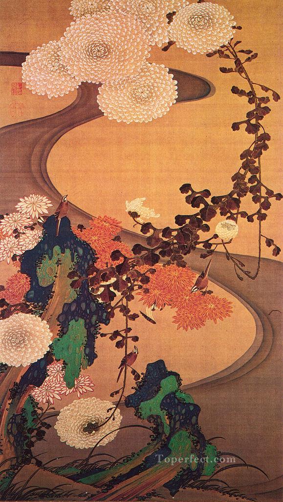 chrysanthemums by a stream with rocks 1760 Ito Jakuchu Japanese Oil Paintings